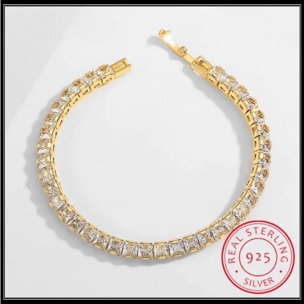 New 925 gold square cut baguette pave simulated diamond stone tennis bracelet